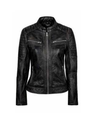 Vintage Biker Distressed Womens Black Leather Jacket