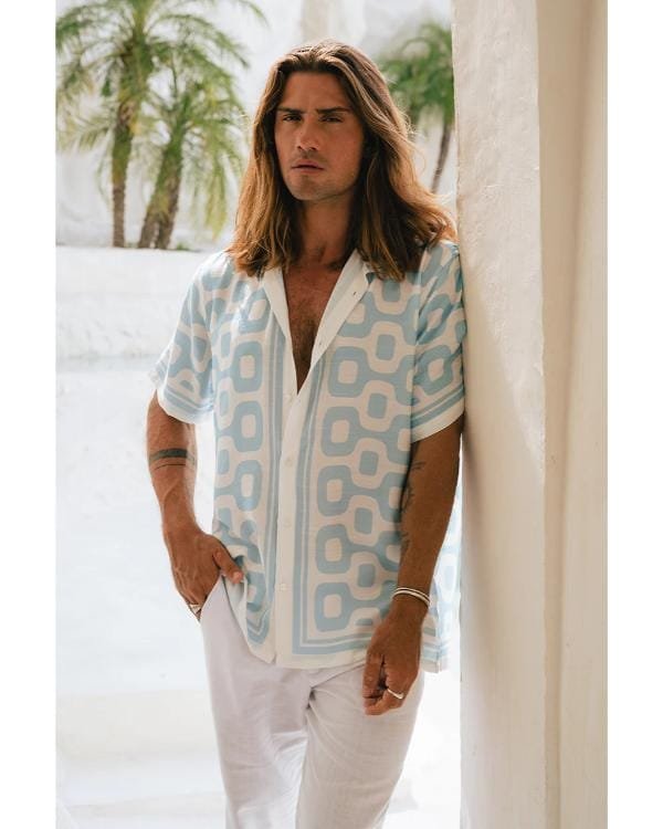 Thomas John Palma Love Island USA S07 Blue & White Print Shirt