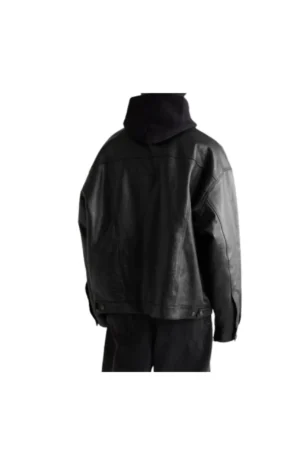 Mens Army Black Leather Trucker Jacket