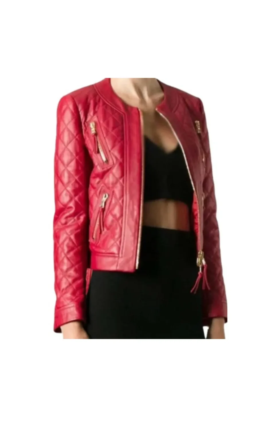 Women’s Red Collarless Quilted Red Leather Jacket