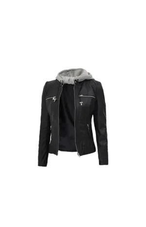 Womens Black Leather Hooded Jacket