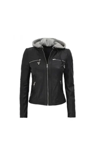 Womens Black Leather Hooded Jacket
