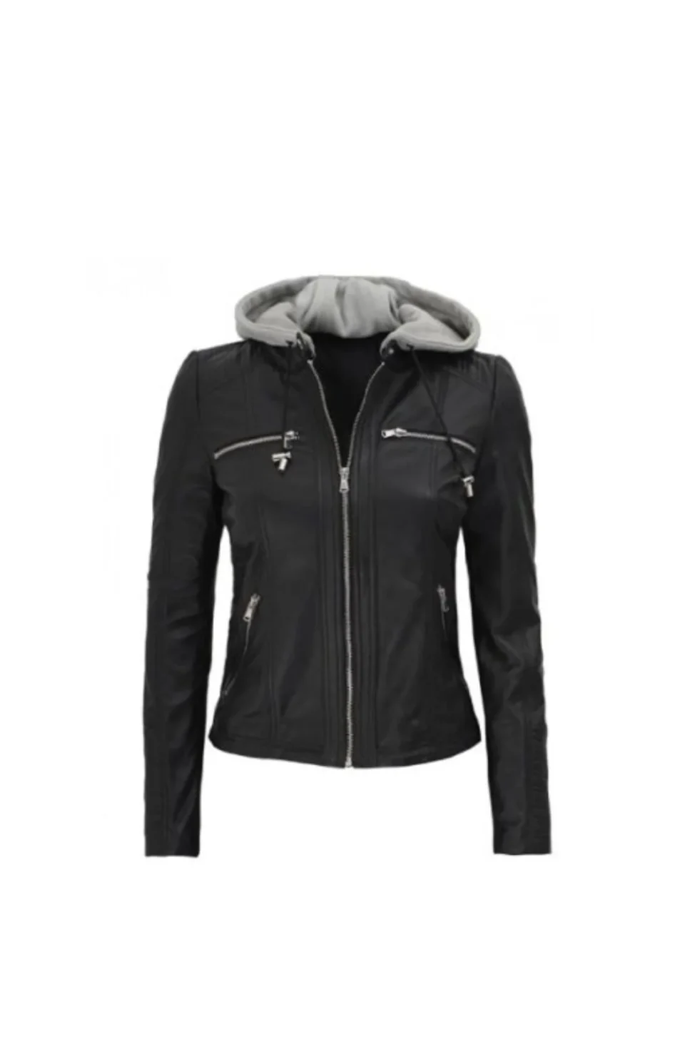 Womens Black Leather Hooded Jacket