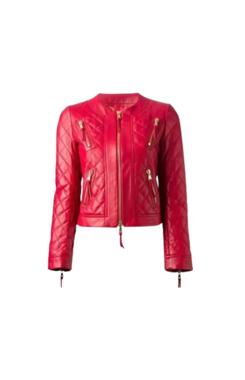 Women’s Red Collarless Quilted Red Leather Jacket