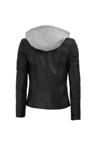 Womens Black Leather Hooded Jacket