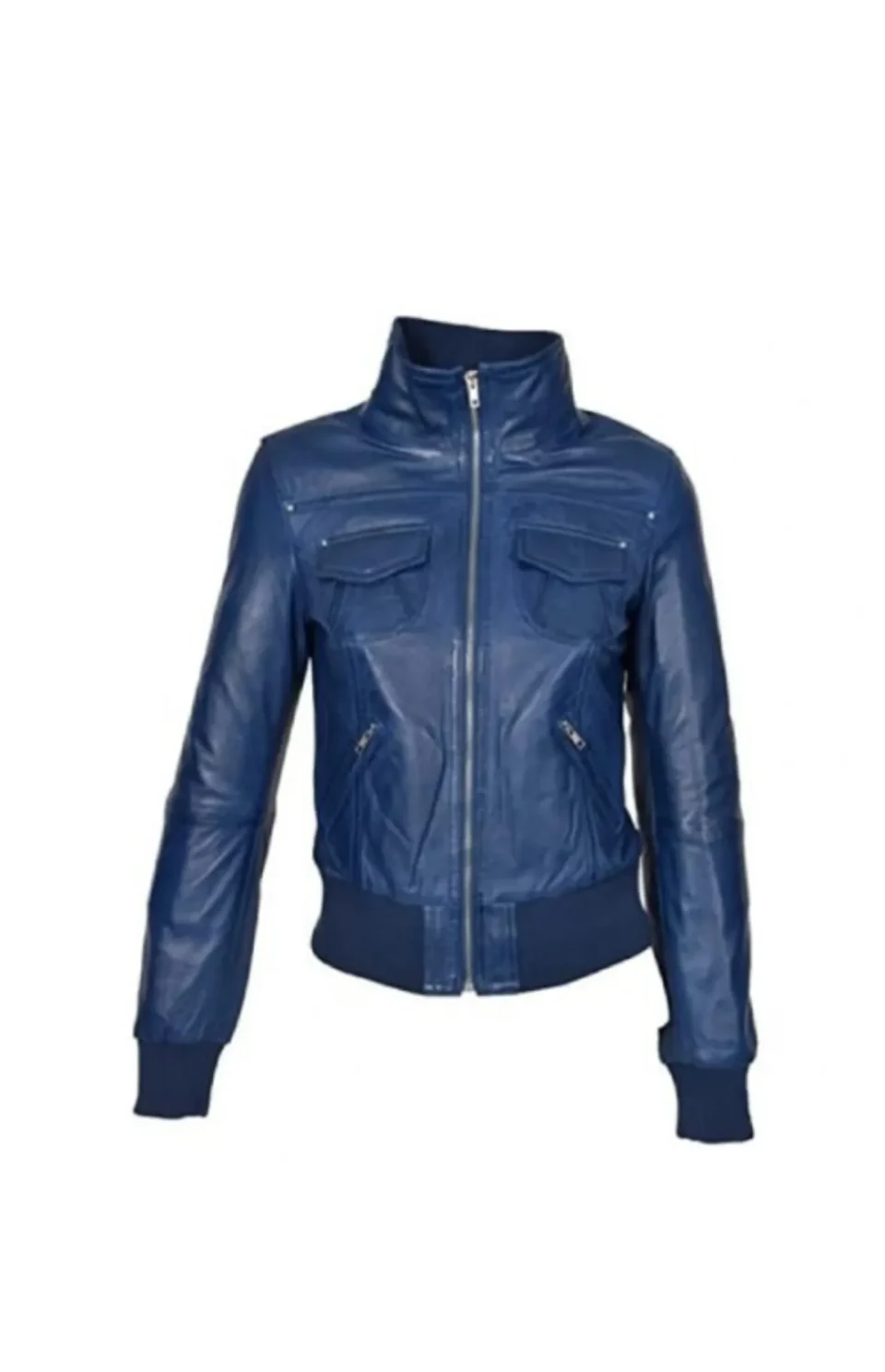 Women’s Blue Leather Bomber Jacket