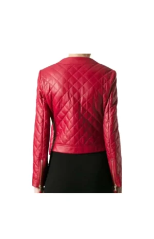 Women’s Red Collarless Quilted Red Leather Jacket