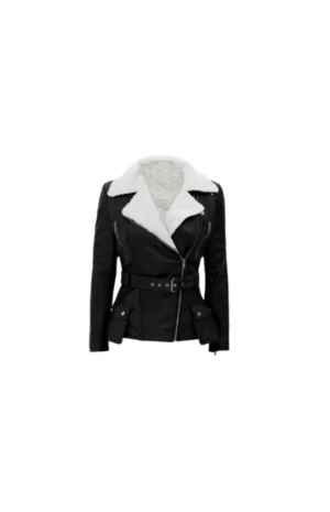 Women’s Black Asymmetrical Shearling Biker Leather Jacket