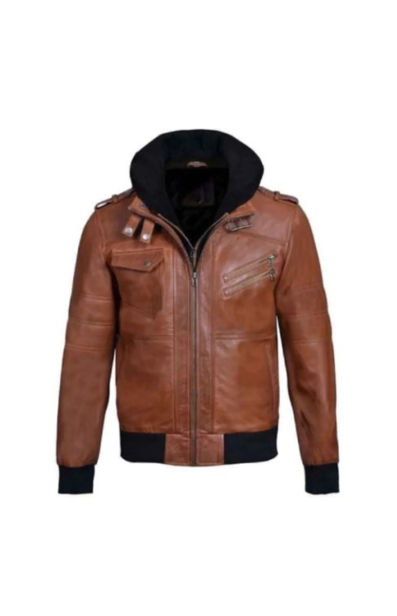 Womens Black Leather Hooded Jacket