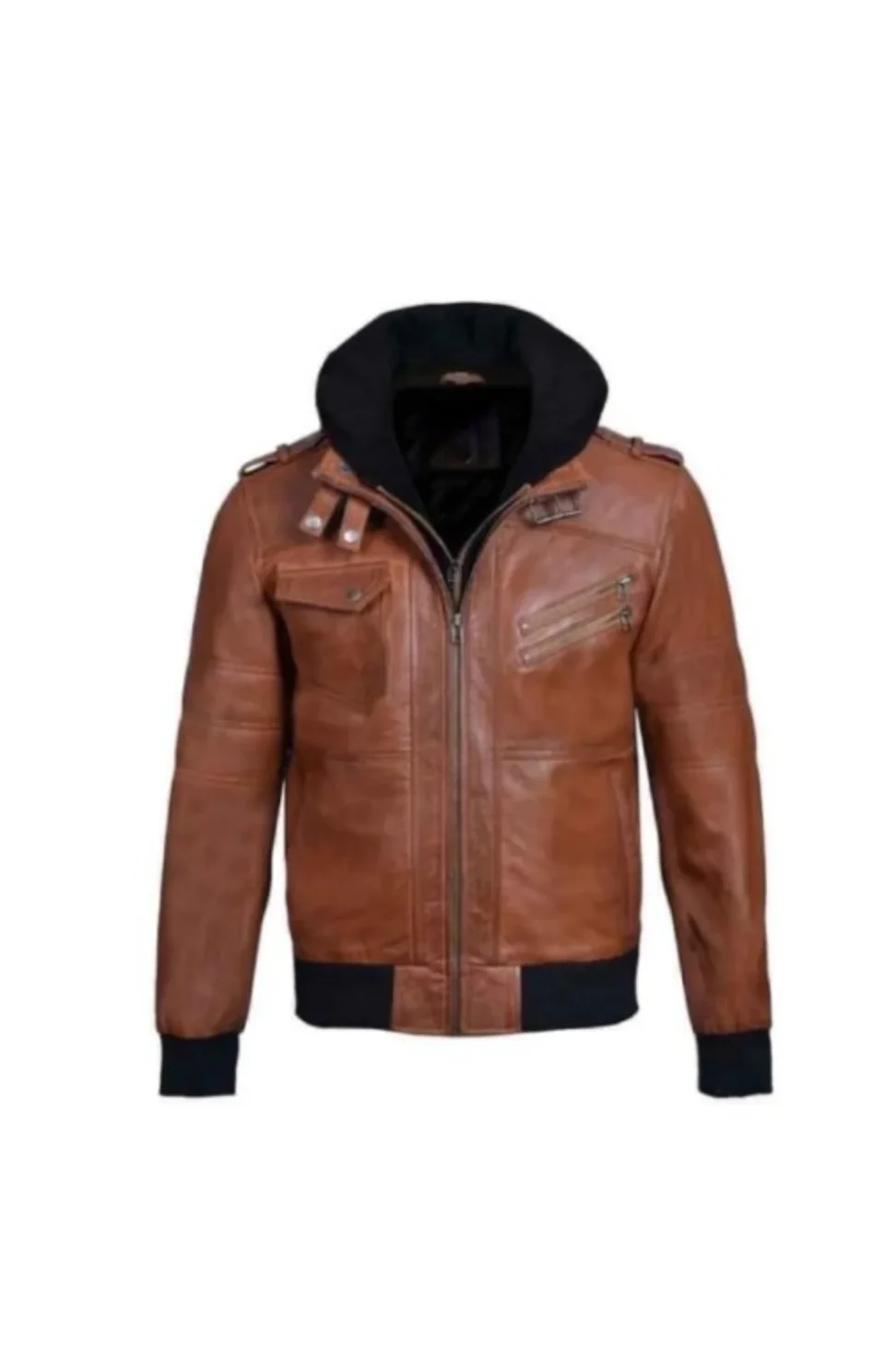 Womens Black Leather Hooded Jacket