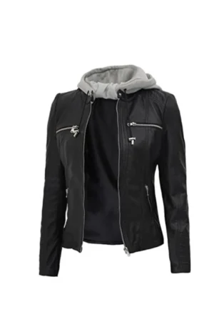 Womens Black Leather Hooded Jacket