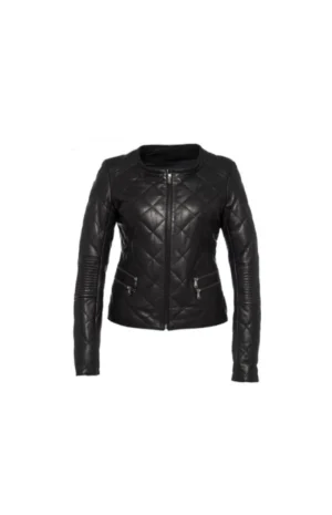Women’s Black Stylish Diamond Black Leather Quilted Jacket