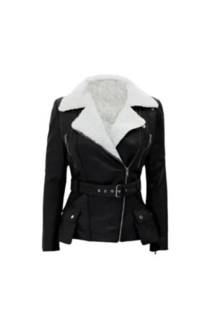 Women’s Black Asymmetrical Shearling Biker Leather Jacket