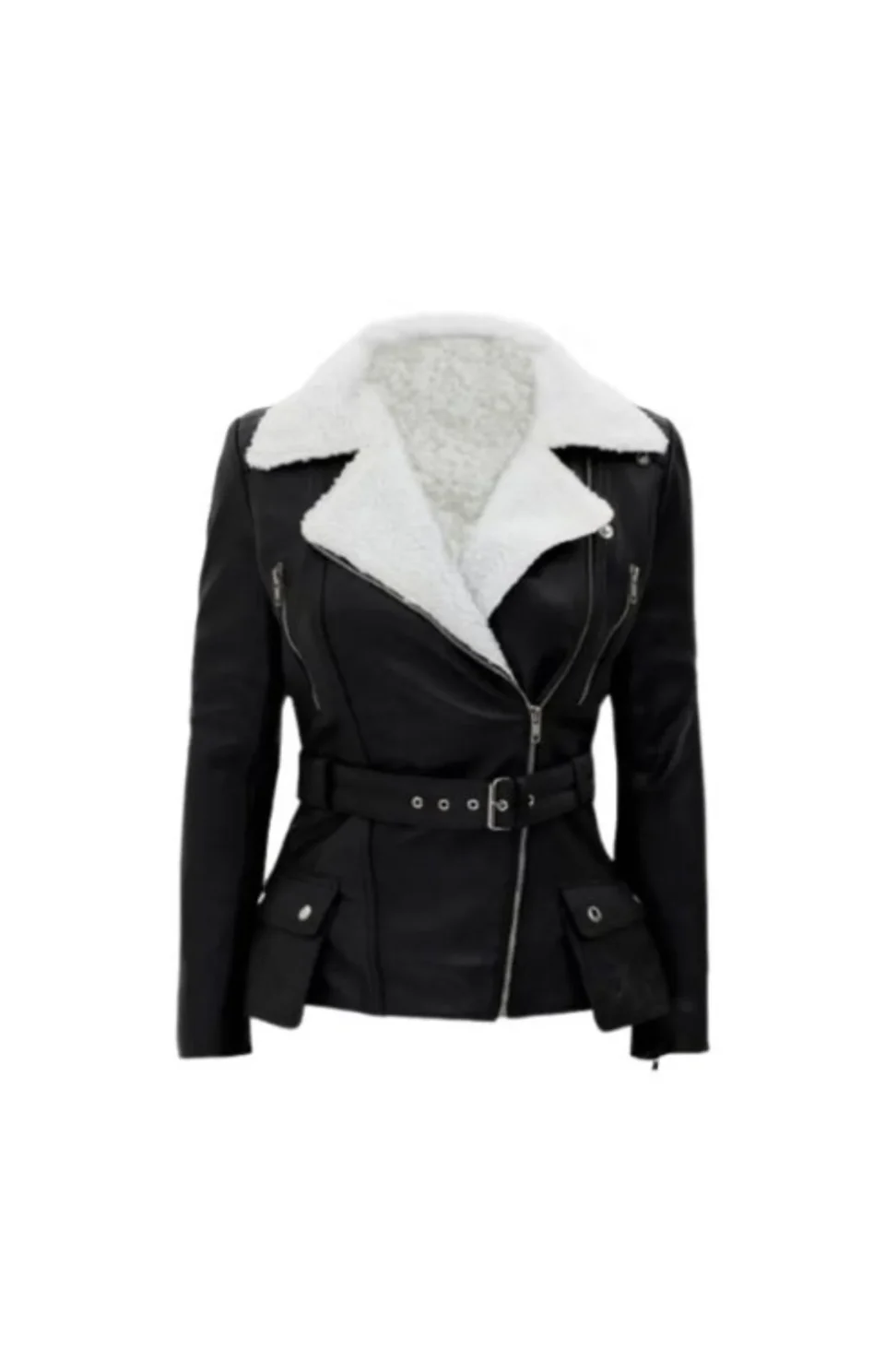Women’s Black Asymmetrical Shearling Biker Leather Jacket