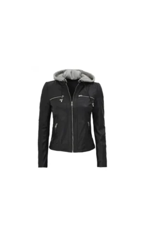 Womens Black Leather Hooded Jacket