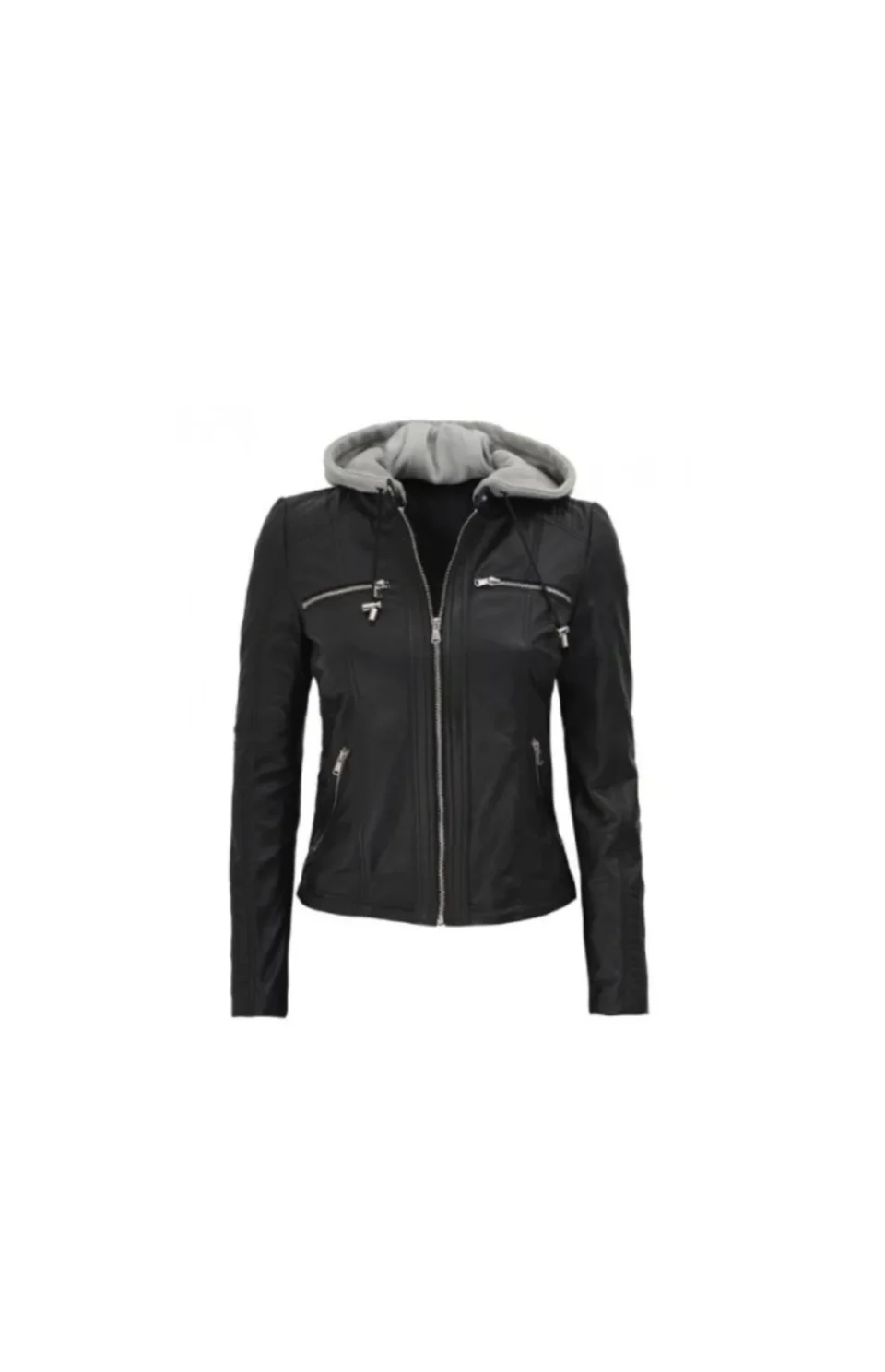 Womens Black Leather Hooded Jacket