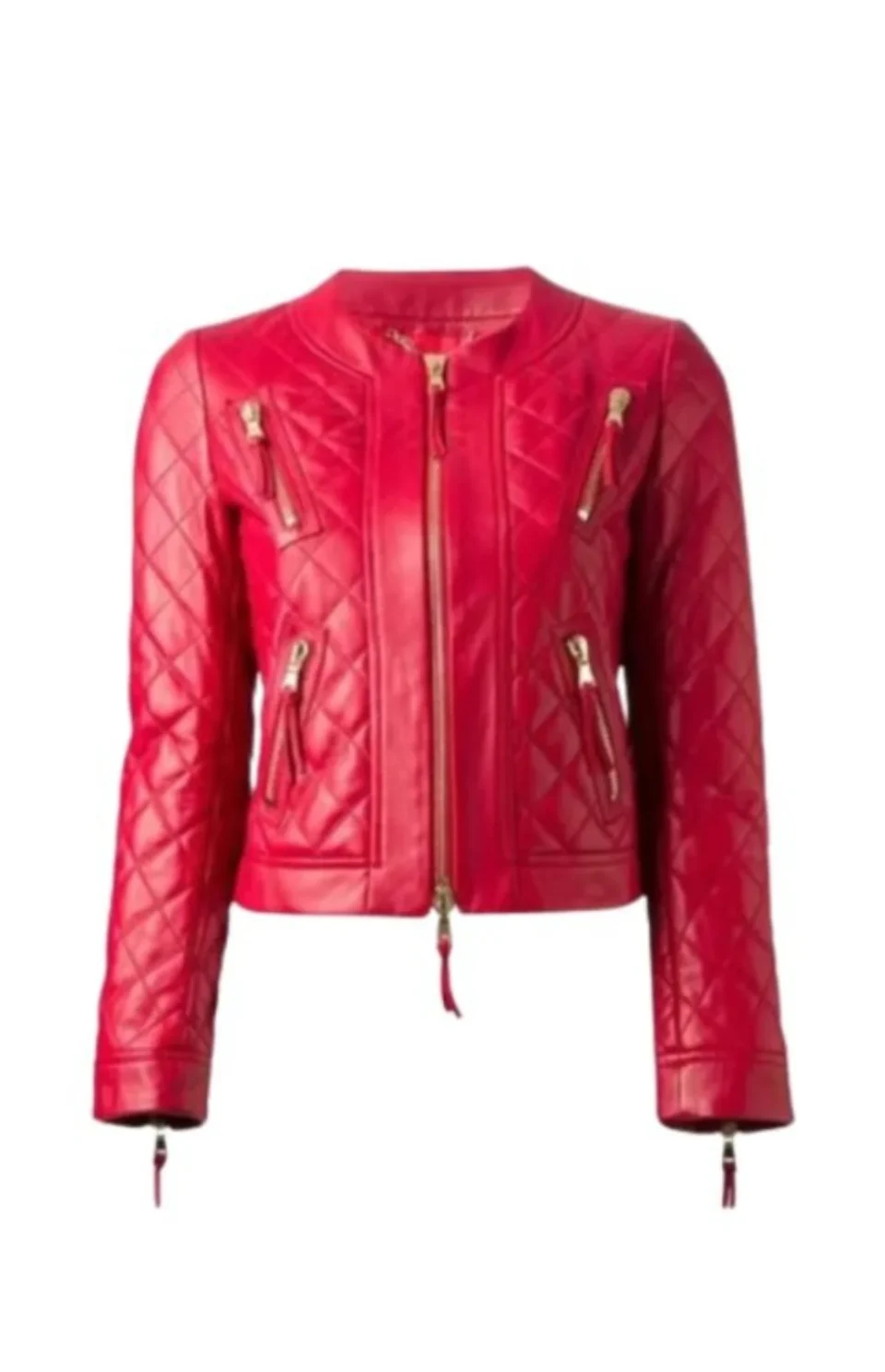 Women’s Red Collarless Quilted Red Leather Jacket