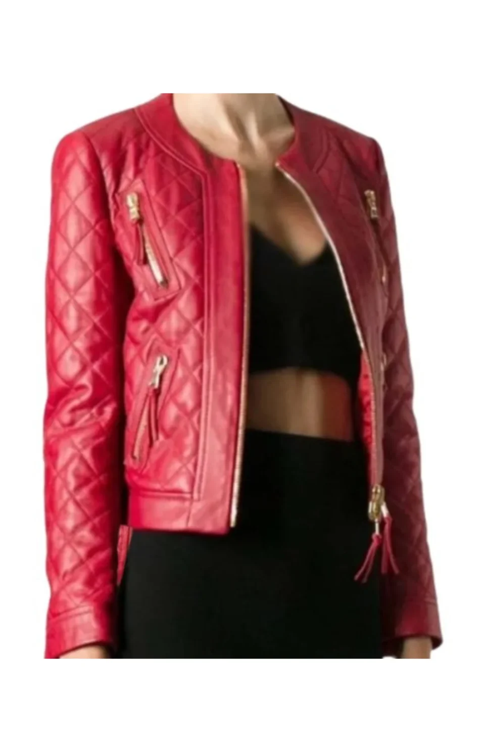 Women’s Red Collarless Quilted Red Leather Jacket