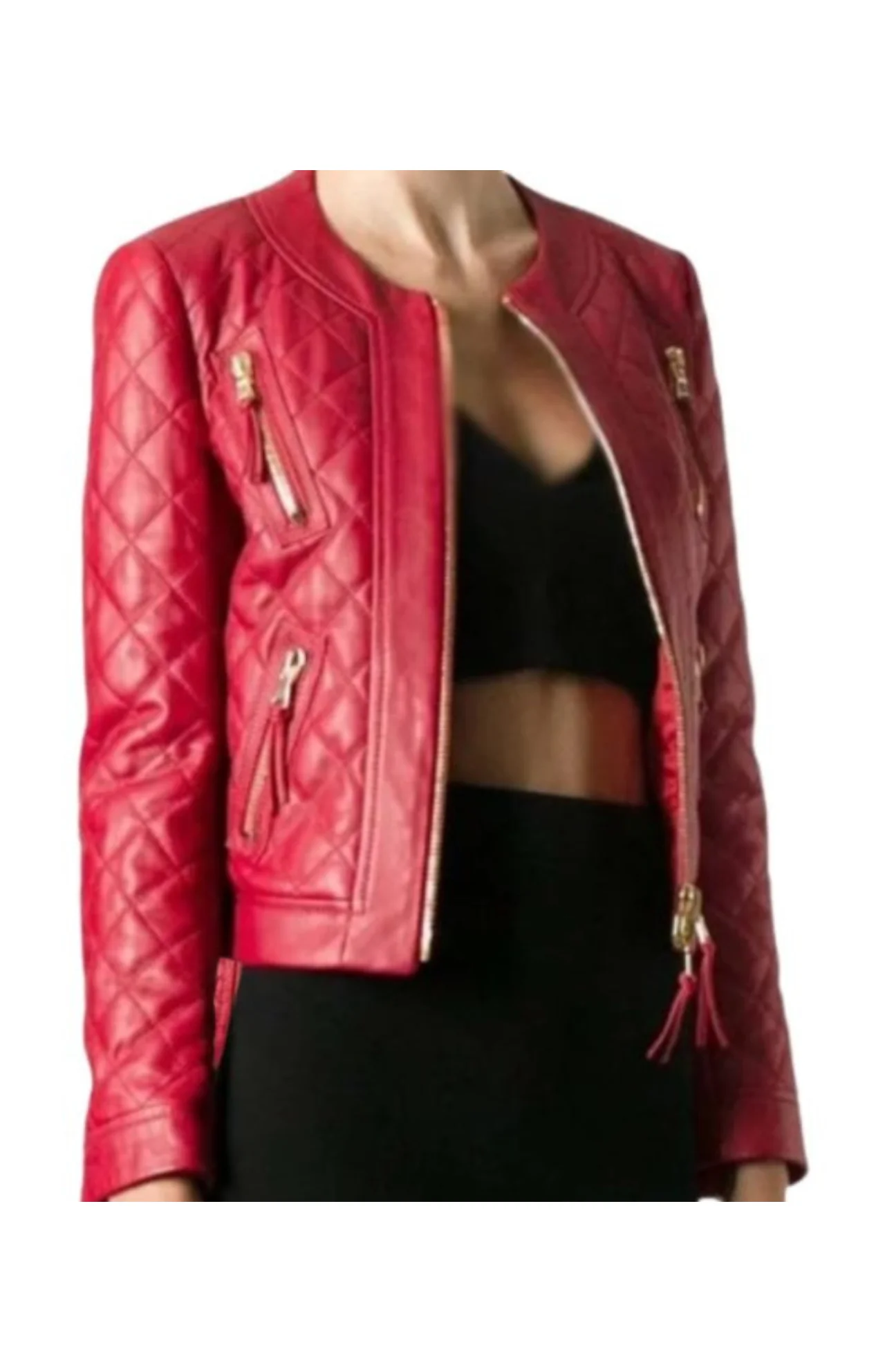 Women’s Red Collarless Quilted Red Leather Jacket