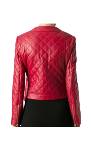 Women’s Red Collarless Quilted Red Leather Jacket