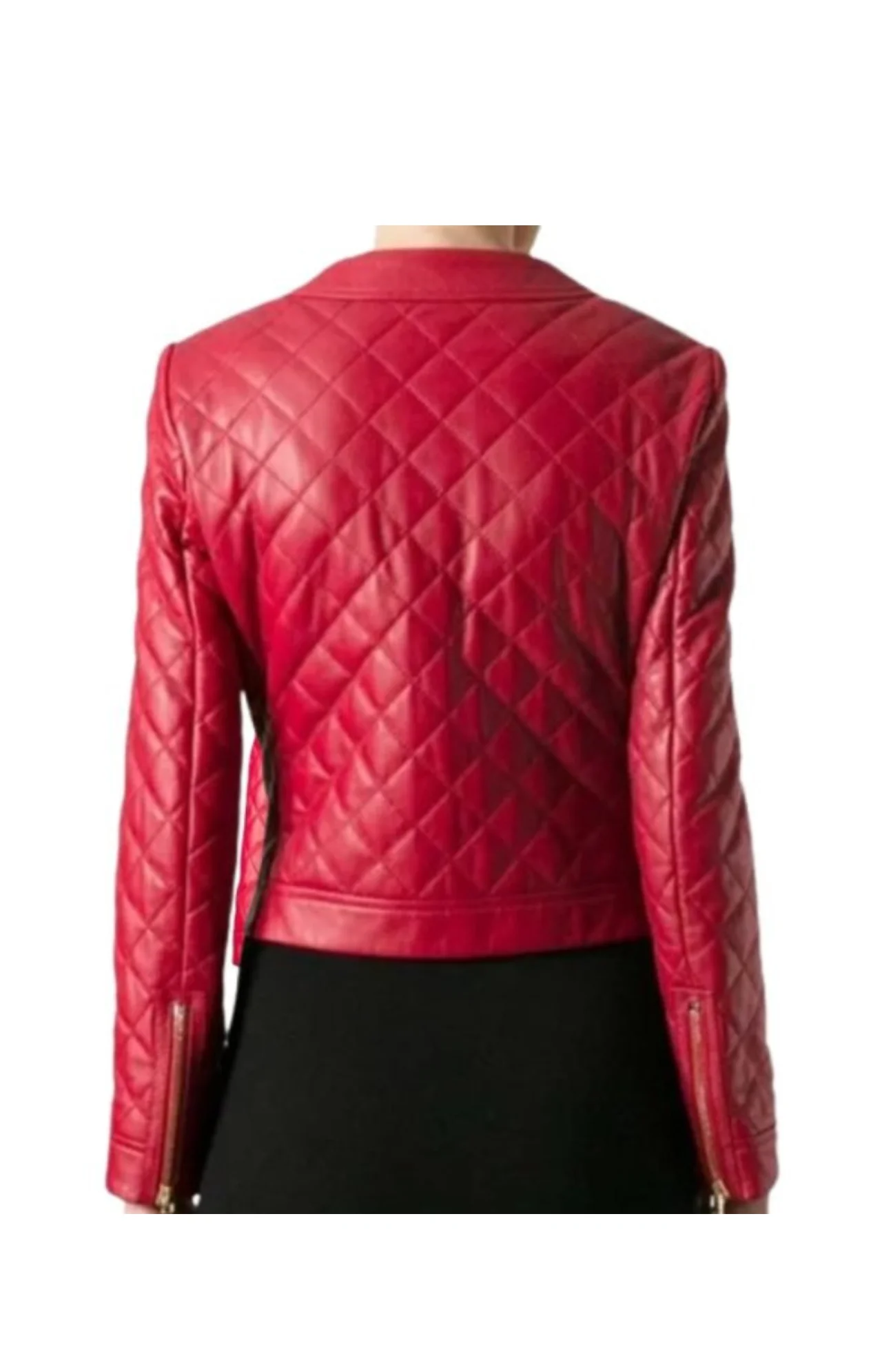 Women’s Red Collarless Quilted Red Leather Jacket